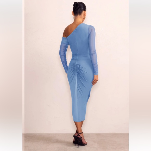 Powder blue maternity asymmetrical ruched dress - Picture 2 of 4